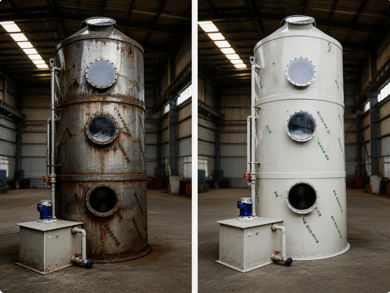 Acid fume scrubbers comparison showing corroded SS shell versus intact PP vessel after years of acid gas service