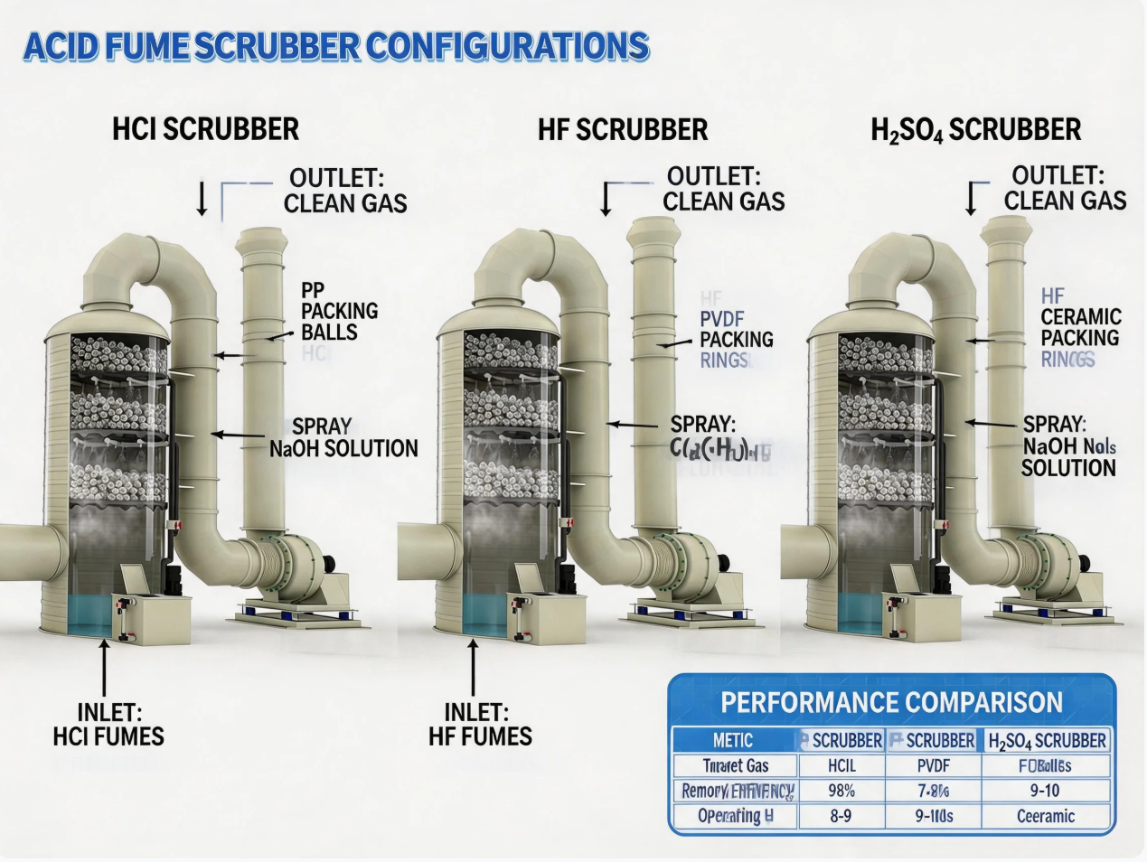Acid fume scrubber system design diagram comparing HCl HF and H₂SO₄ treatment configurations