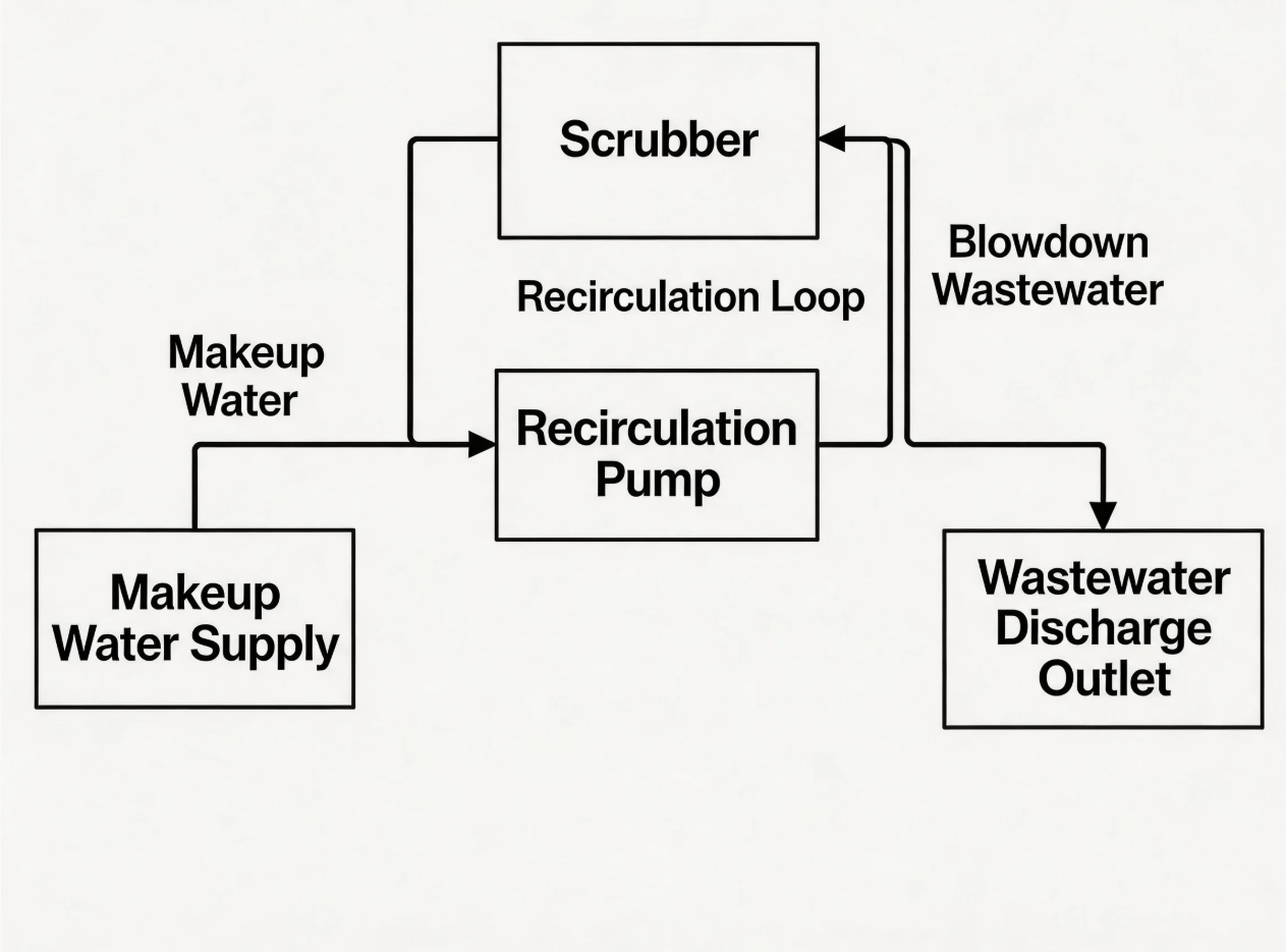 Scrubber blowdown management system diagram showing recirculation loop makeup water and wastewater discharge