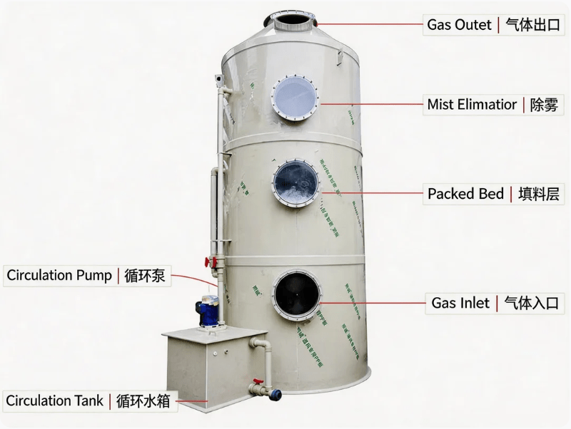 What are scrubbers diagram showing a wet scrubber system with gas inlet packed bed mist eliminator and outlet