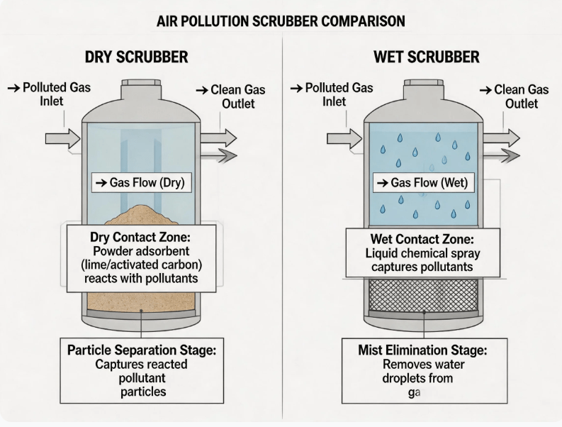 Dry scrubber vs wet scrubber comparison diagram showing gas flow contact zone and mist elimination stages with air pollution scrubber technology