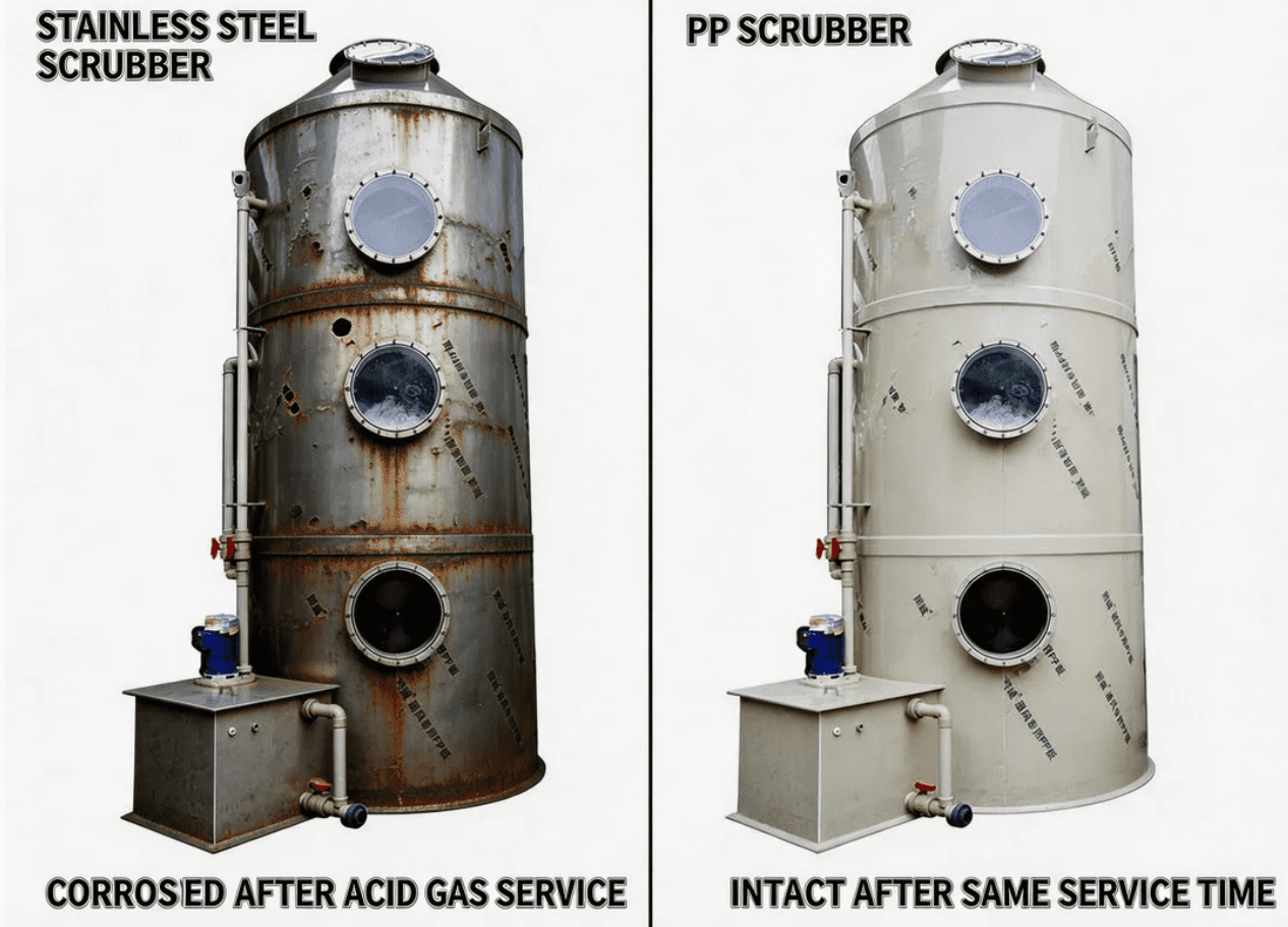Acid scrubbers corrosion comparison showing pitted SS304 shell vs intact PP vessel after years of acid gas service