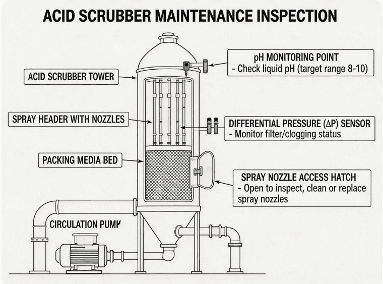 Acid scrubber maintenance inspection diagram showing key monitoring points pH differential pressure and spray nozzle access