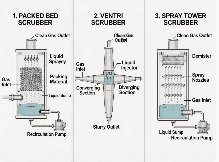 Acid fume scrubber type comparison showing packed bed Venturi and spray tower configurations with key components labeled