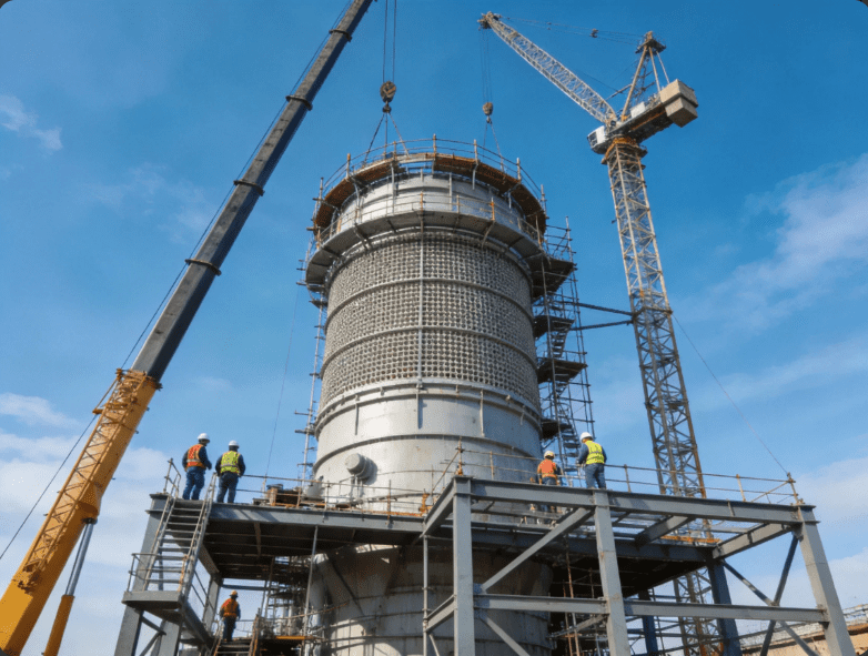 Power plant scrubber cost – wet FGD absorber tower under construction at a coal-fired station