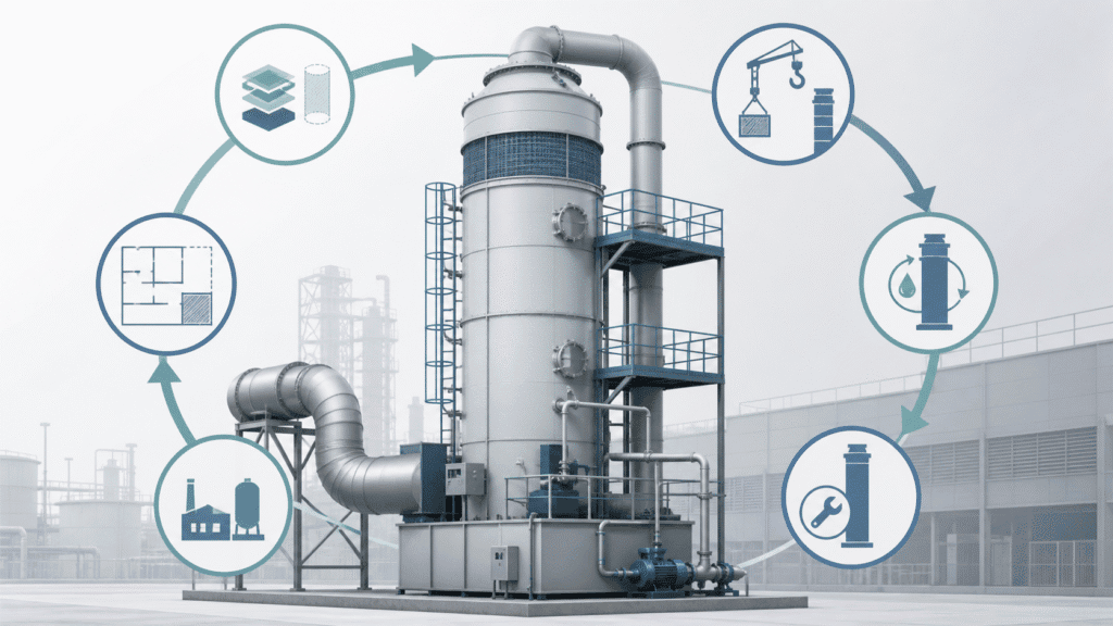 Wet scrubber project lifecycle stages from selection through installation, operation, troubleshooting, rebuild, and facility planning