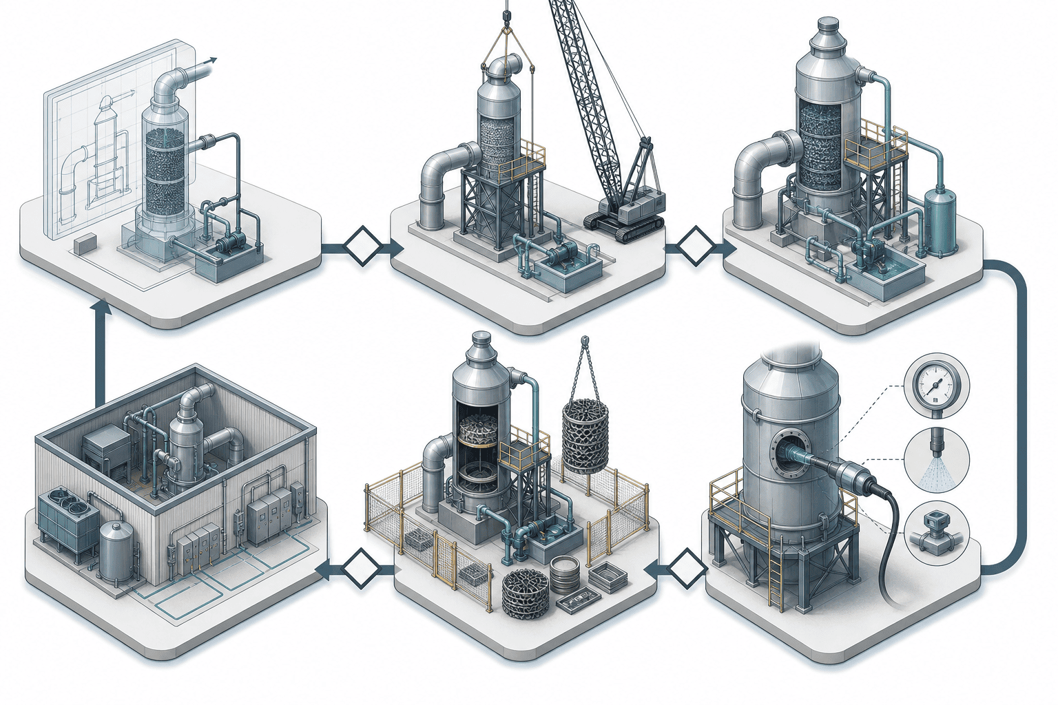 Six-stage wet scrubber project lifecycle map with decision gates between stages