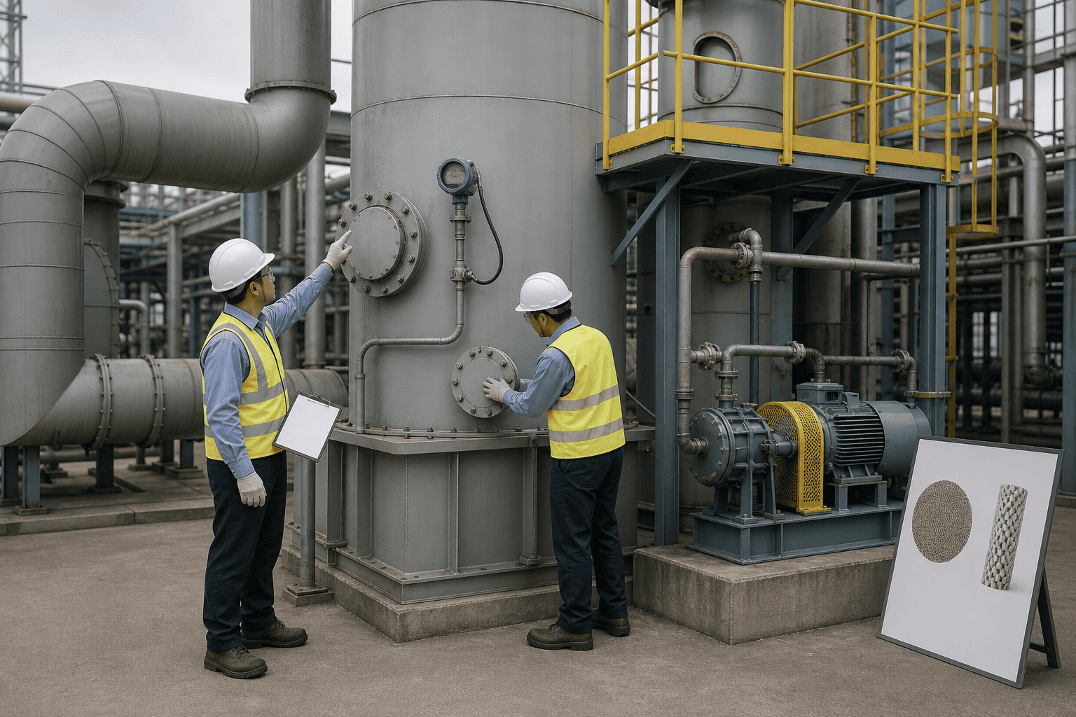 Engineers inspecting scrubber pressure drop and nozzles before a rebuild decision