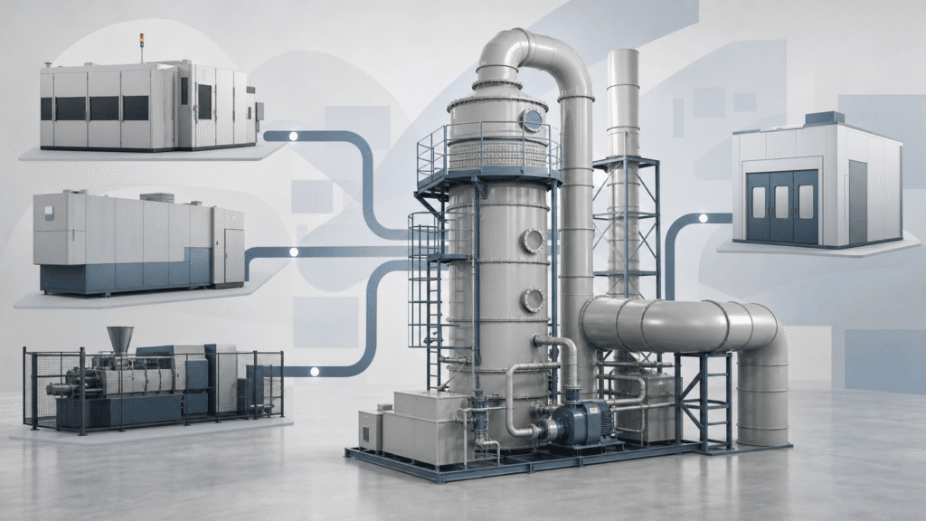 Industrial process exhaust routes from semiconductor, glass, plastics, and automotive plants through a shared treatment-technology decision path