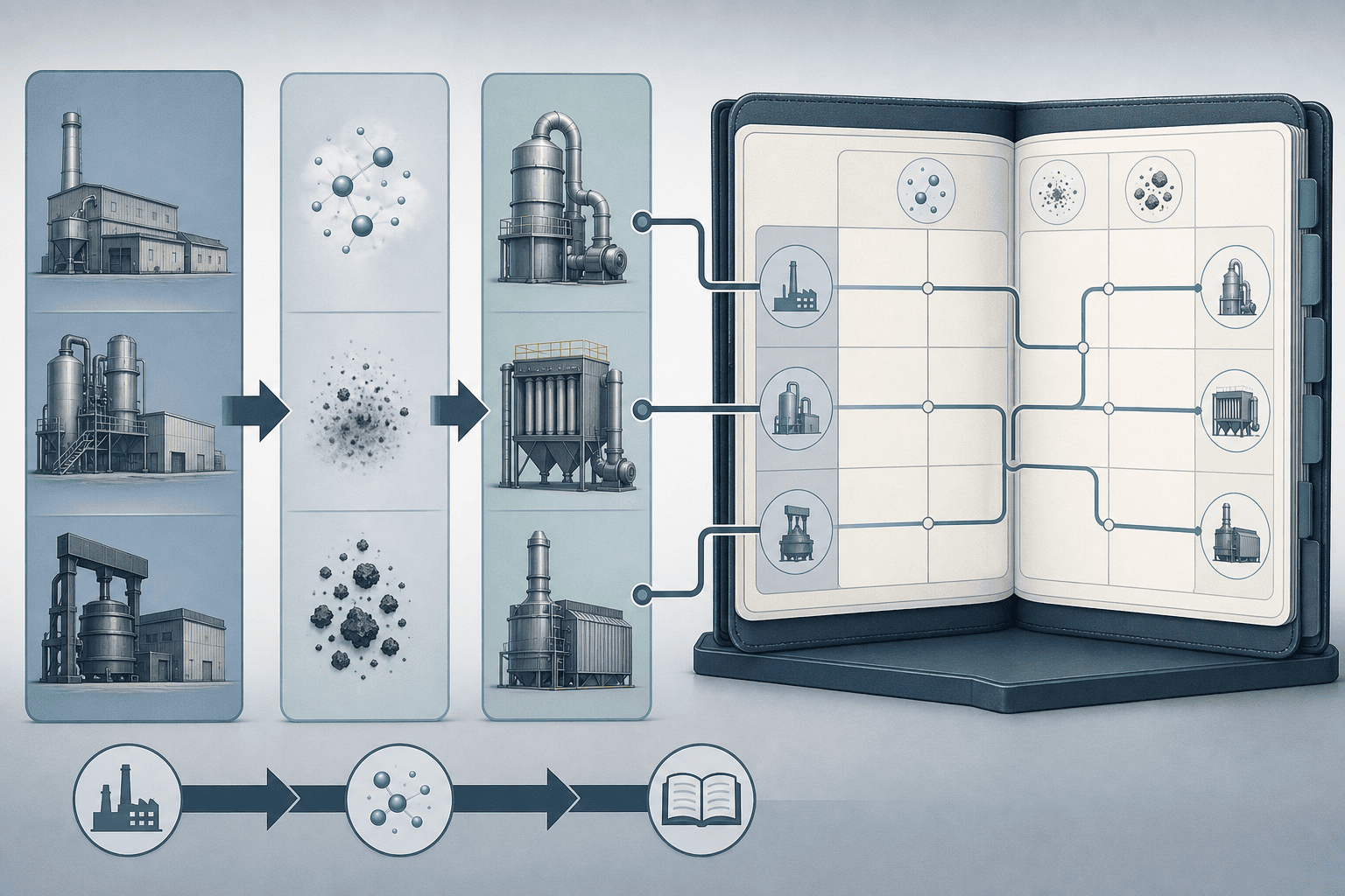 Reading path across the process-to-pollutant-to-device matrix: locate the process, read the decision, and open the matched guide