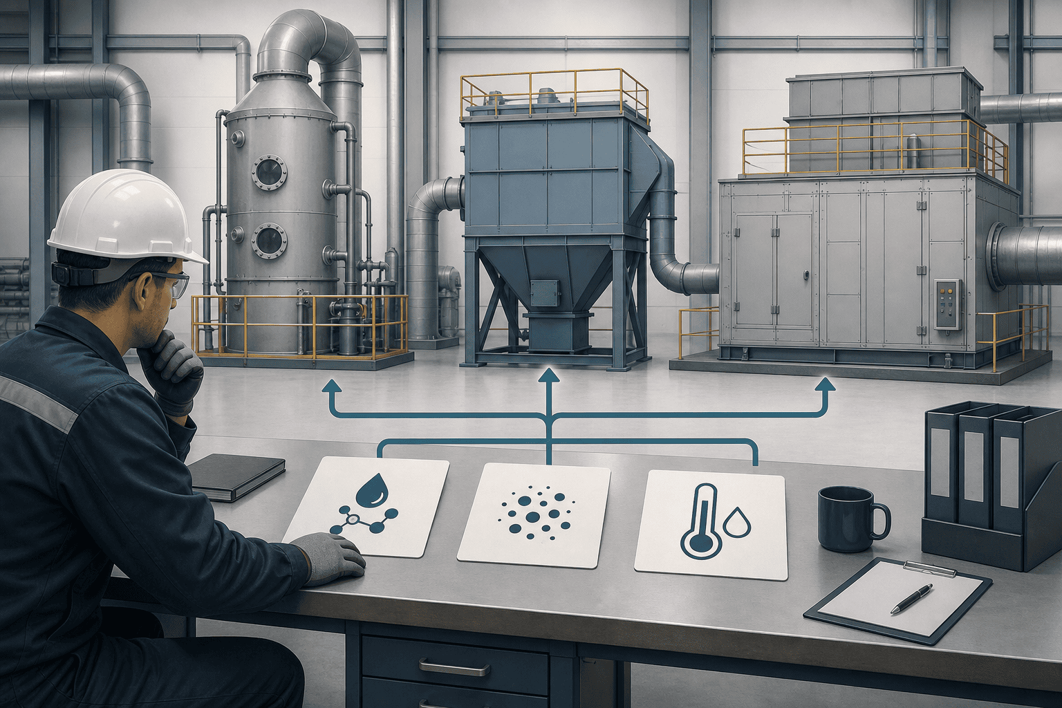 Engineer screening an exhaust stream with three questions about solubility, particulate behavior, and temperature before choosing a device class