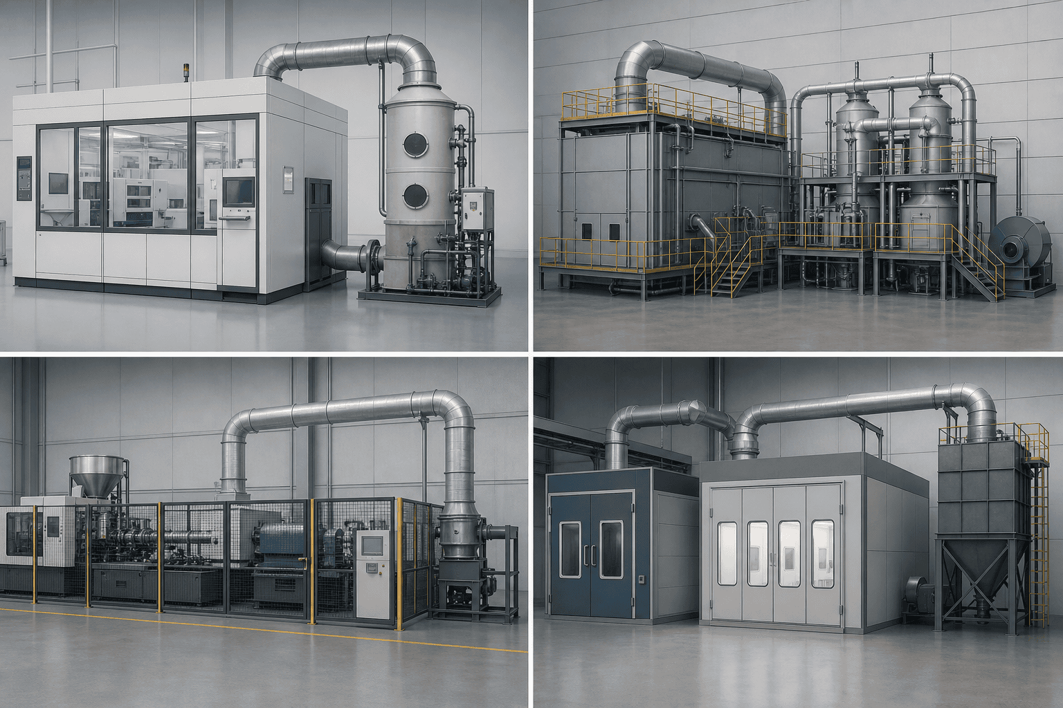 Four manufacturing processes each matched to a different exhaust-control route, from a fab acid-gas scrubber to paint-booth collection