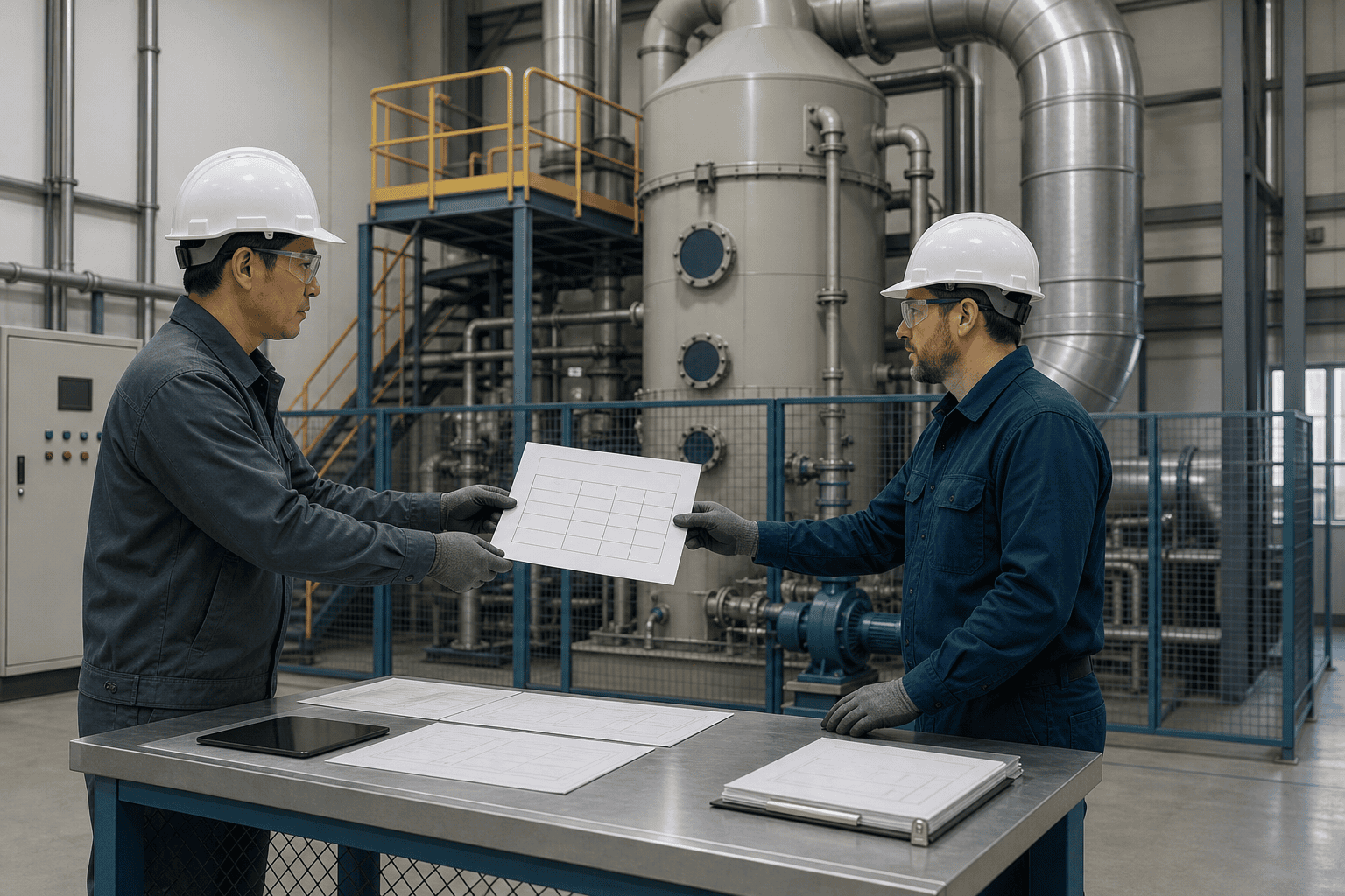 Engineer handing a process data sheet to a supplier engineer to obtain an exhaust-treatment route and quote inputs