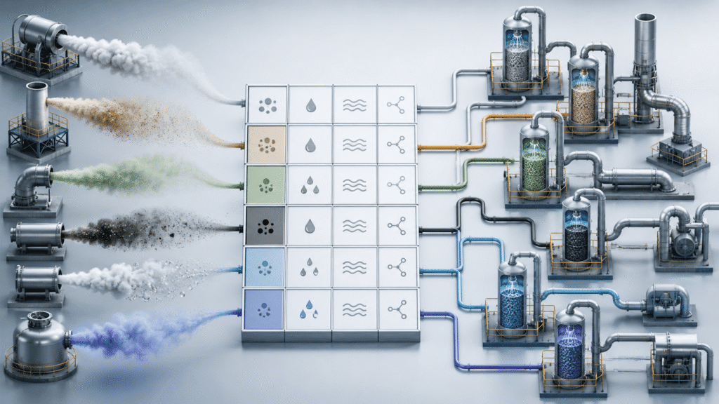 Six distinct industrial pollutant streams routed through a decision matrix to separate packed-tower wet scrubber routes