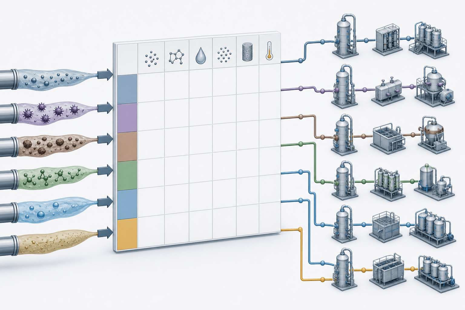 Pollutant-to-design-input matrix with six streams each routed to its own scrubber treatment path
