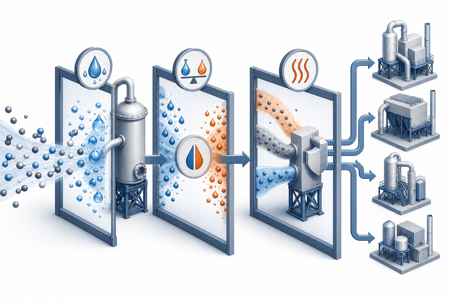 Three scrubber-selection gates: water solubility, acid-versus-alkaline pH, and hot-dusty-mixed stream screening