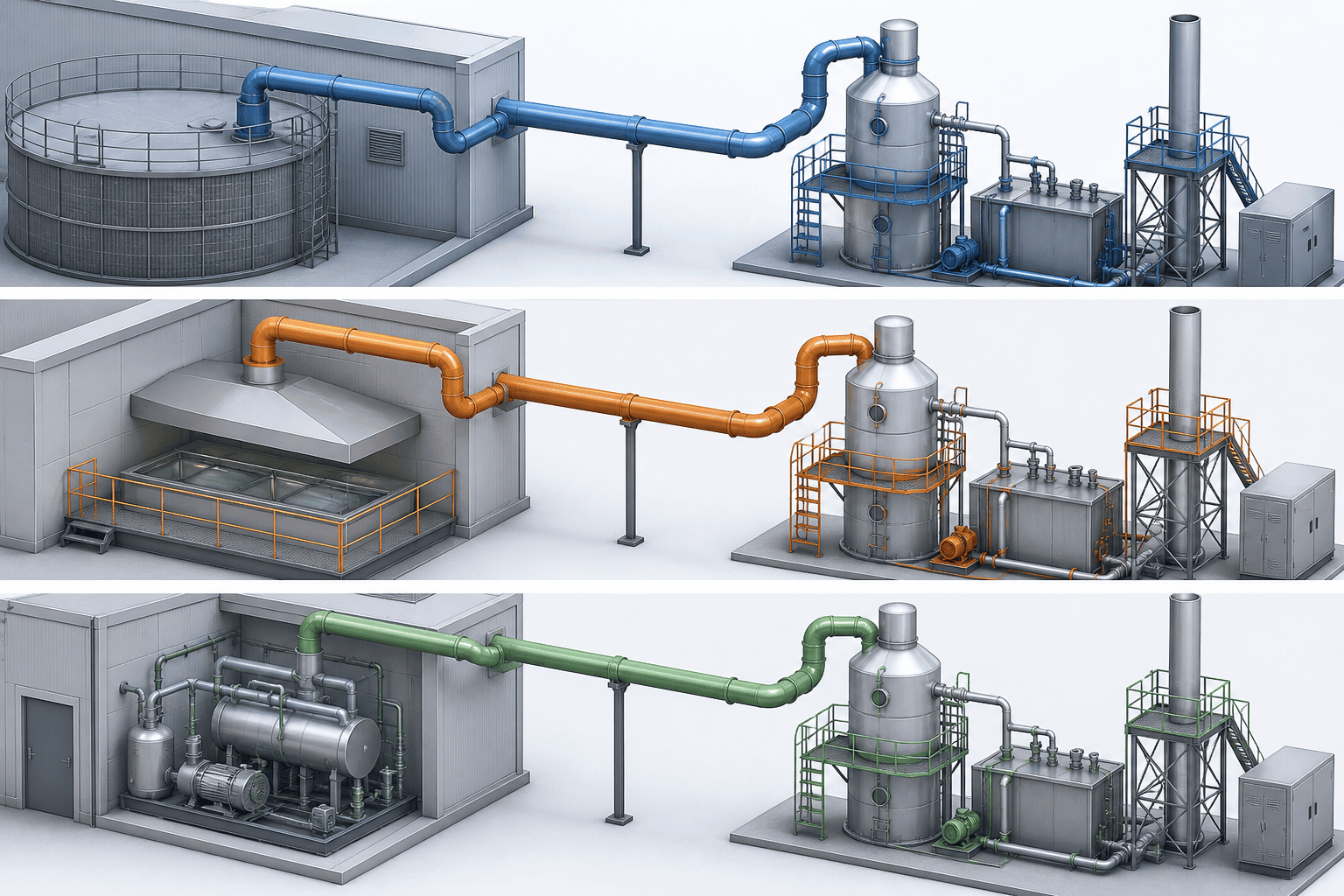 Three independent exhaust streams — wastewater tank vent, acid-cleaning bath, ammonia refrigeration — each routed to its own scrubber train