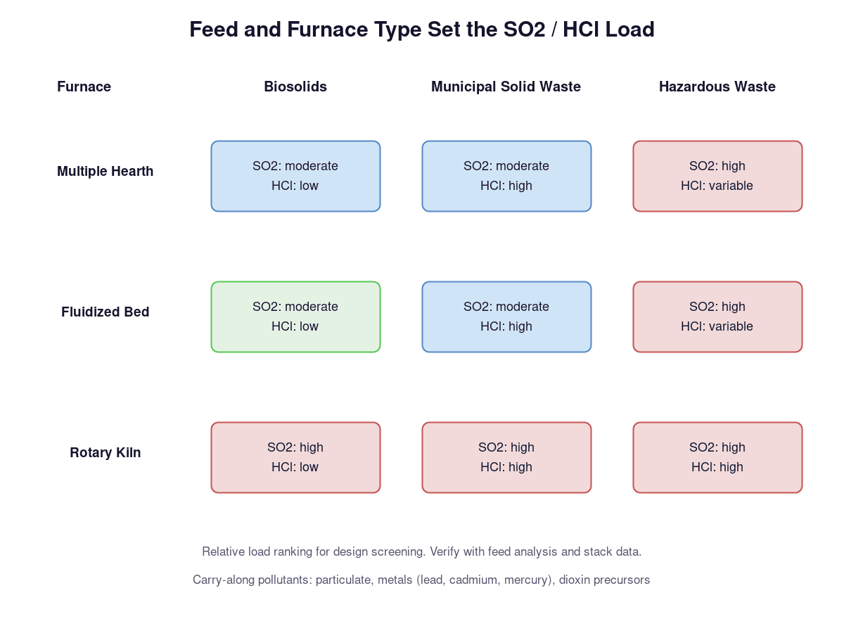 Furnace type and feed determine the SO2 and HCl load on an incinerator exhaust scrubber: multiple hearth, fluidized bed, and rotary kiln across biosolids, municipal solid waste, and hazardous waste feeds