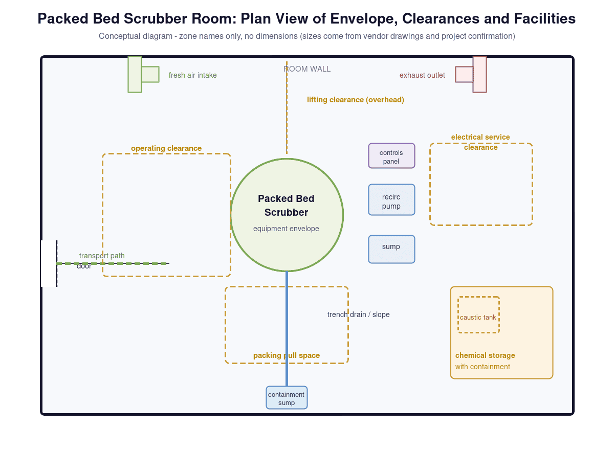 Packed bed scrubber room plan showing the equipment envelope, clearance zones, maintenance access, drainage trench and chemical storage inside the room