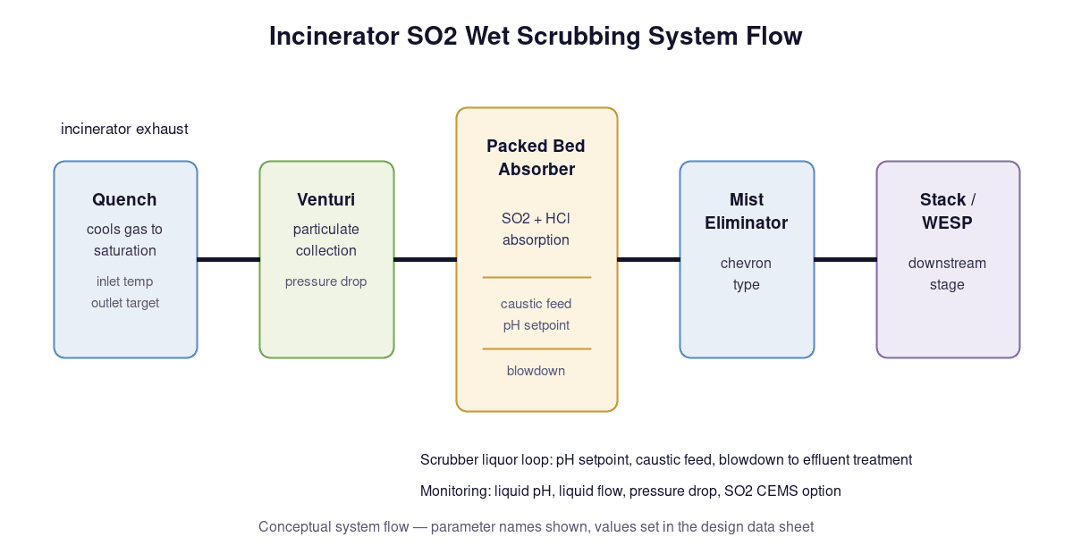SO2 scrubber for incinerator exhaust system flow: quench tower, venturi, packed bed absorber with caustic feed, mist eliminator, and blowdown handling