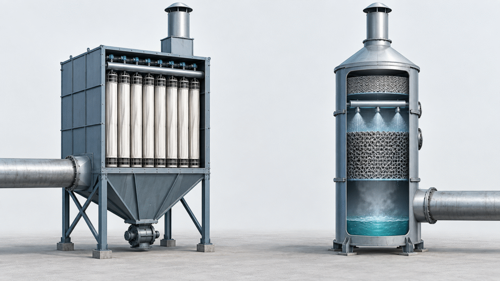A baghouse fabric-filter dust collector beside a wet scrubber tower, the two particulate control routes compared in this article
