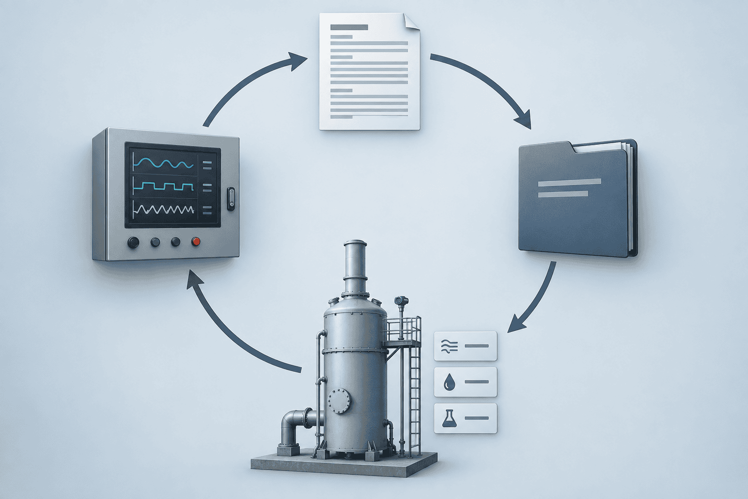 Closed loop from process data to design basis to acceptance verification to in-service monitoring. Conceptual illustration, not measured project data.