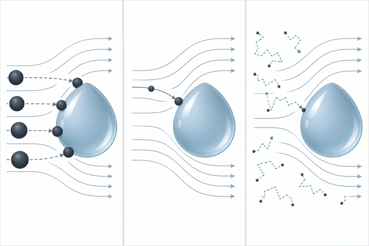 How does a wet dust collector work: three particle capture routes at a water droplet — inertial impaction, interception and Brownian diffusion