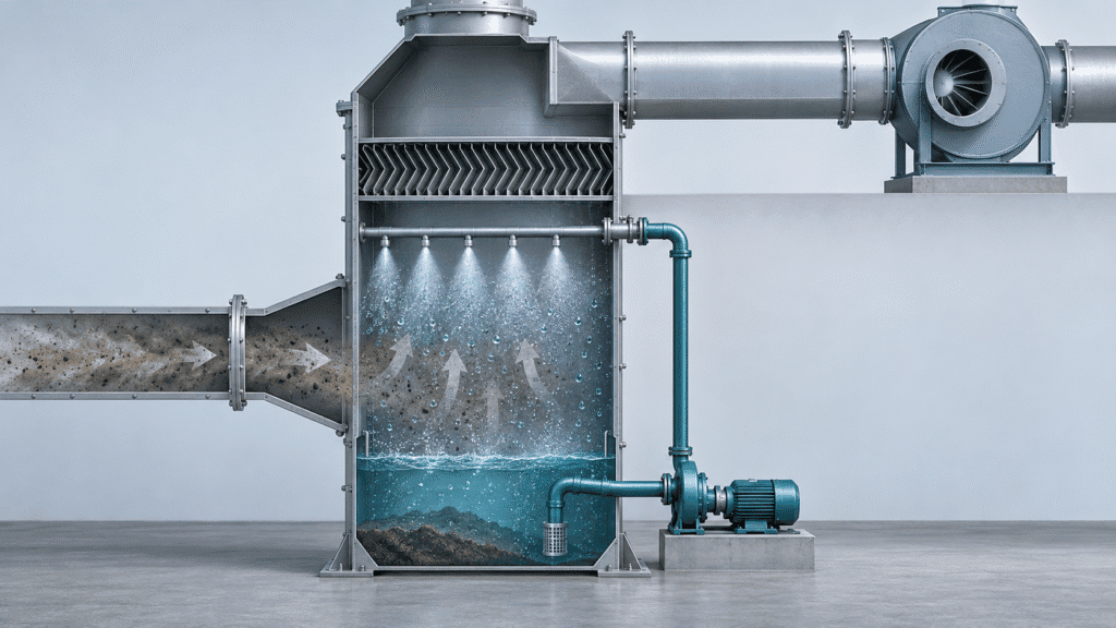A wet dust collector cutaway showing dust-laden air entering the scrubbing chamber, contacting water, passing a mist eliminator and leaving as clean air