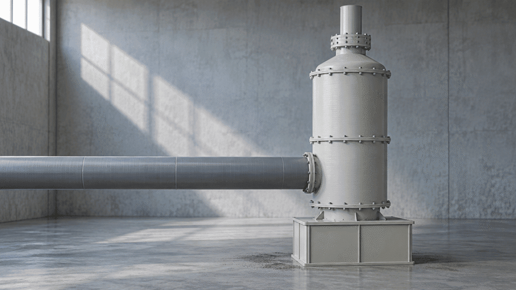 Wet dust collector design in practice: a cylindrical polypropylene scrubber vessel on an integral sump tank, with a horizontal inlet duct entering the lower third of the vessel and a short exhaust stack with a mist-eliminator housing on top