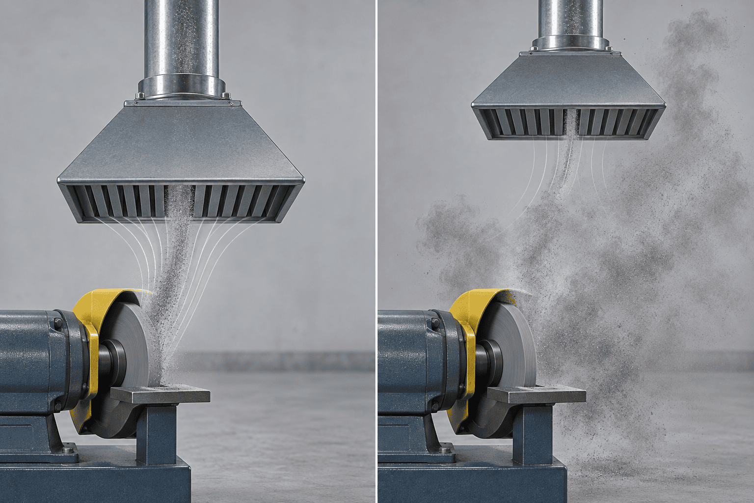 Two identical extraction hoods at different distances from a grinding wheel: the closer hood draws the dust stream into its slot and duct, while the hood at twice the distance lets most of the dust rise past it into the room
