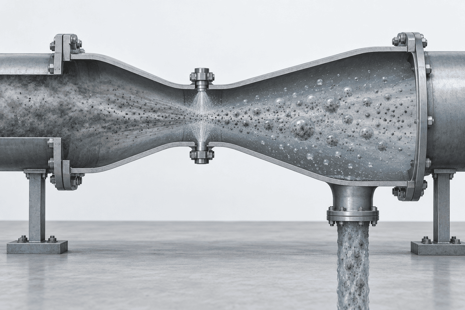 Cutaway of a venturi contact section: dusty gas enters from the left through a converging section, water is sprayed into the narrowest throat where droplets capture the dust, and the widening diverging section carries coalescing slurry droplets toward a downstream droplet separator that is off the page