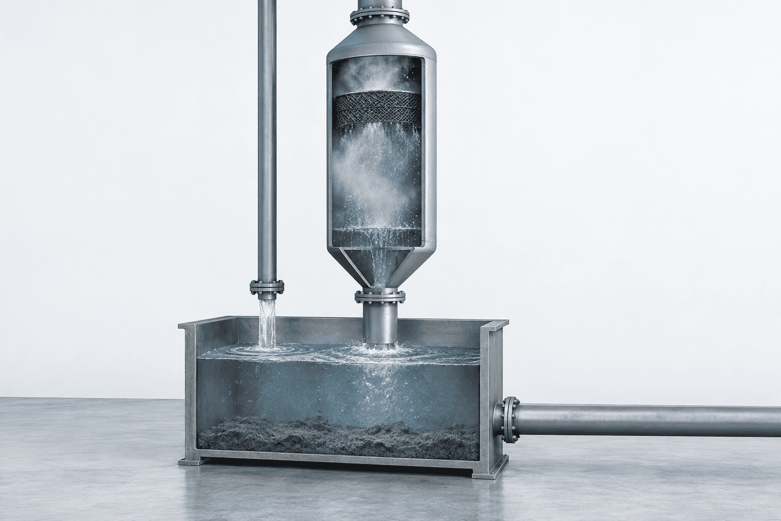 Cutaway of the bleed and make-up arrangement on a wet dust collector: the vessel drains into an open sump holding water and settled sludge, a bleed pipe leaves the sump near its lower edge toward off-page dewatering, and a make-up line drops into the sump from above