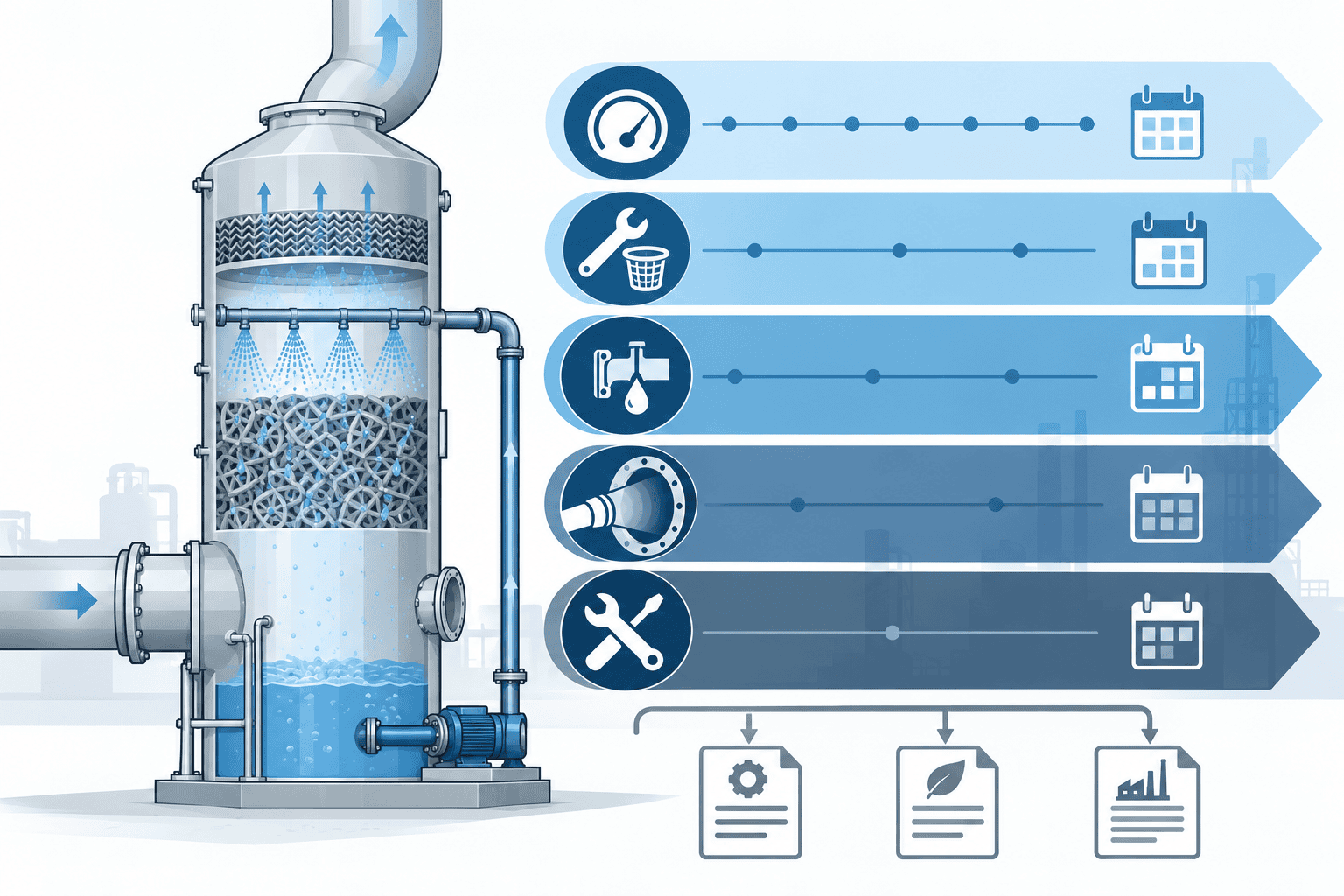wet scrubber maintenance — layered maintenance schedule (daily, weekly, quarterly, semiannual, annual) mapped to packed-bed scrubber subsystem checks