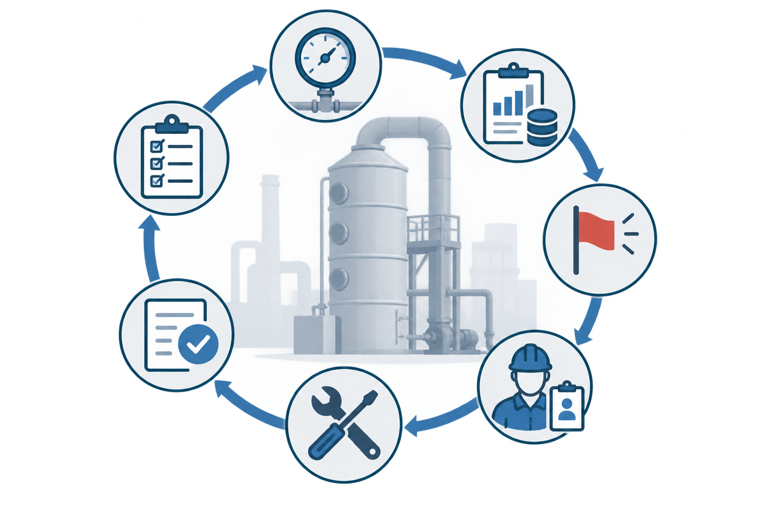 wet scrubber maintenance — closed loop from reading to baseline, exception, owner, corrective action, and closure verification