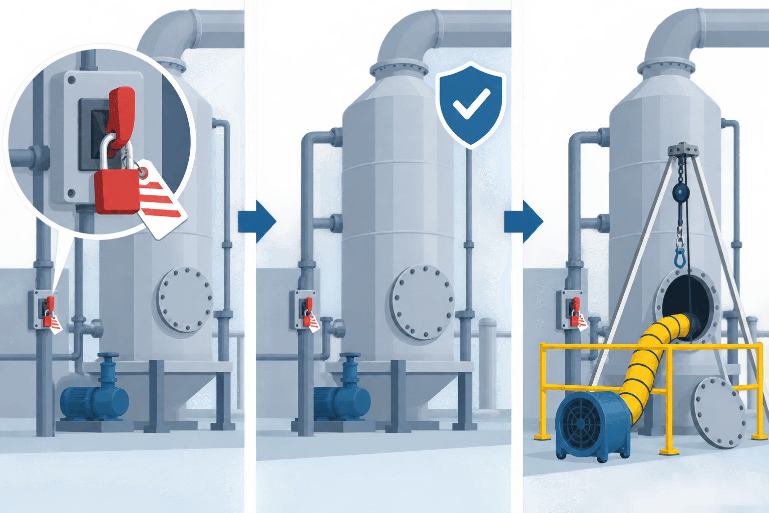 wet scrubber maintenance — abstract lockout/tagout and energy-isolation sequence before internal inspection